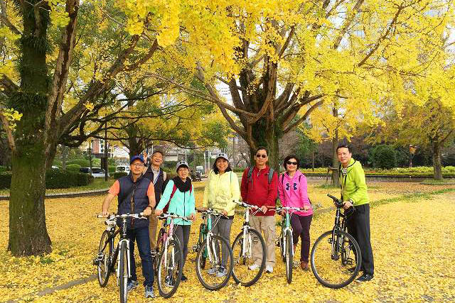 This is a photo of a customer who joined the Fukuoka Bike Tour. This photo was taken in front of a yellow ginkgo tree during the fall foliage season. The fallen leaves of the ginkgo trees spread the yellow color all around the footpath. This image is also linked to the Fukuoka Bike Tour website.