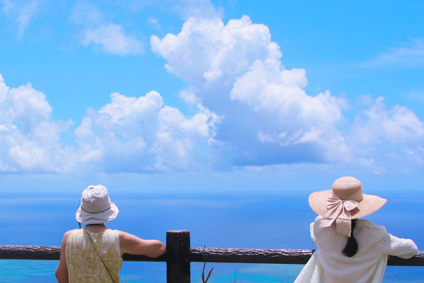 Two women are leaning on the sidewalk railing, looking out at the vast and beautiful view of the ocean.