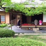 This is a picture of a Japanese garden in Fukuoka City, Japan. A tea ceremony is being held in a Japanese-style room in the garden. The greenery of the garden is beautiful. This image is also linked to the Japan Online Study Tours page.