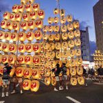 This is a picture of the Akita Kanto Festival held in Akita, Japan in August. There are 46 lanterns hanging from one pole. The fire of the lanterns creates a fantastic world.